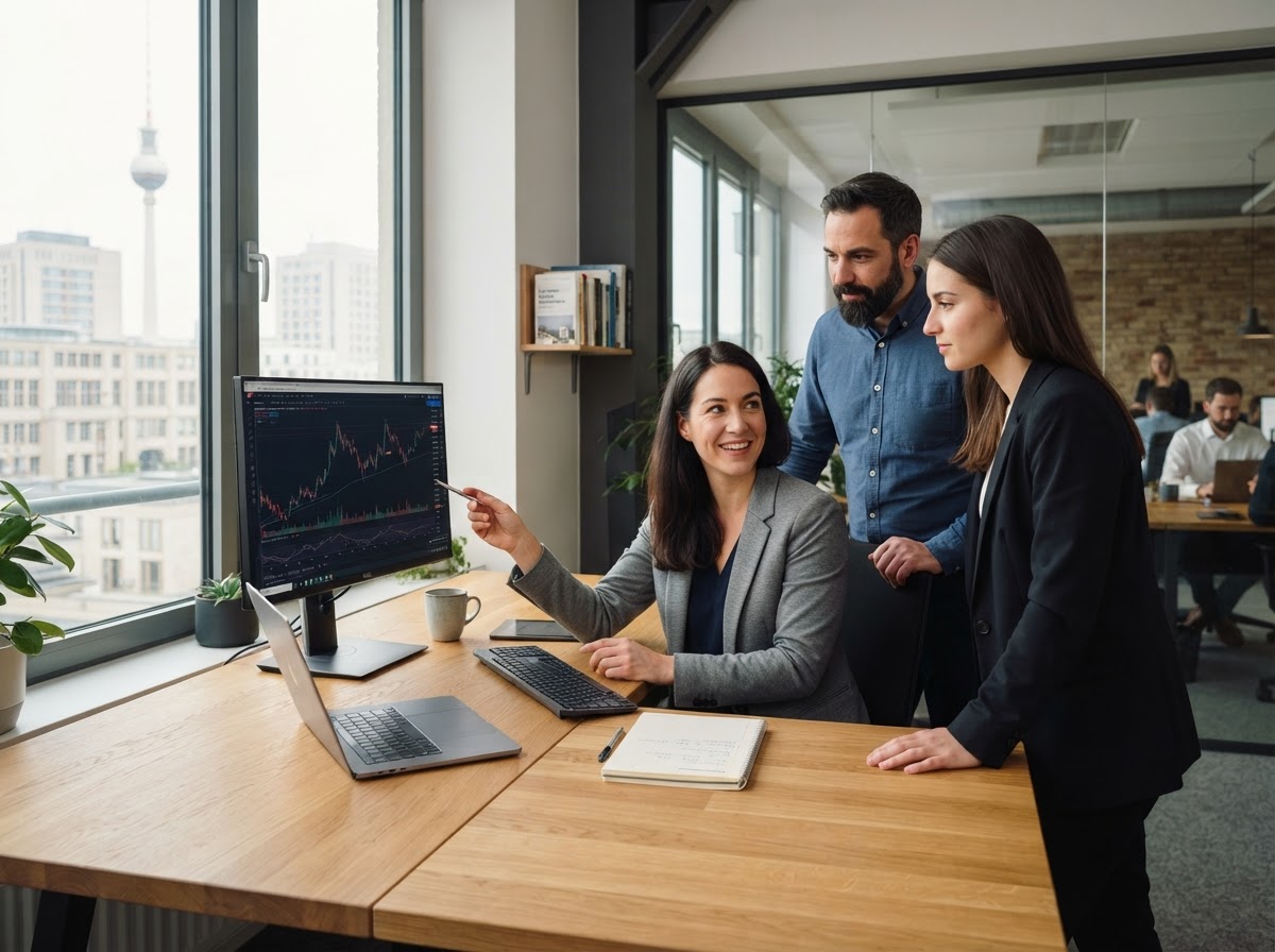 Legacy Bit Fundex analyst reviewing portfolio risk data in a calm, professional office setting